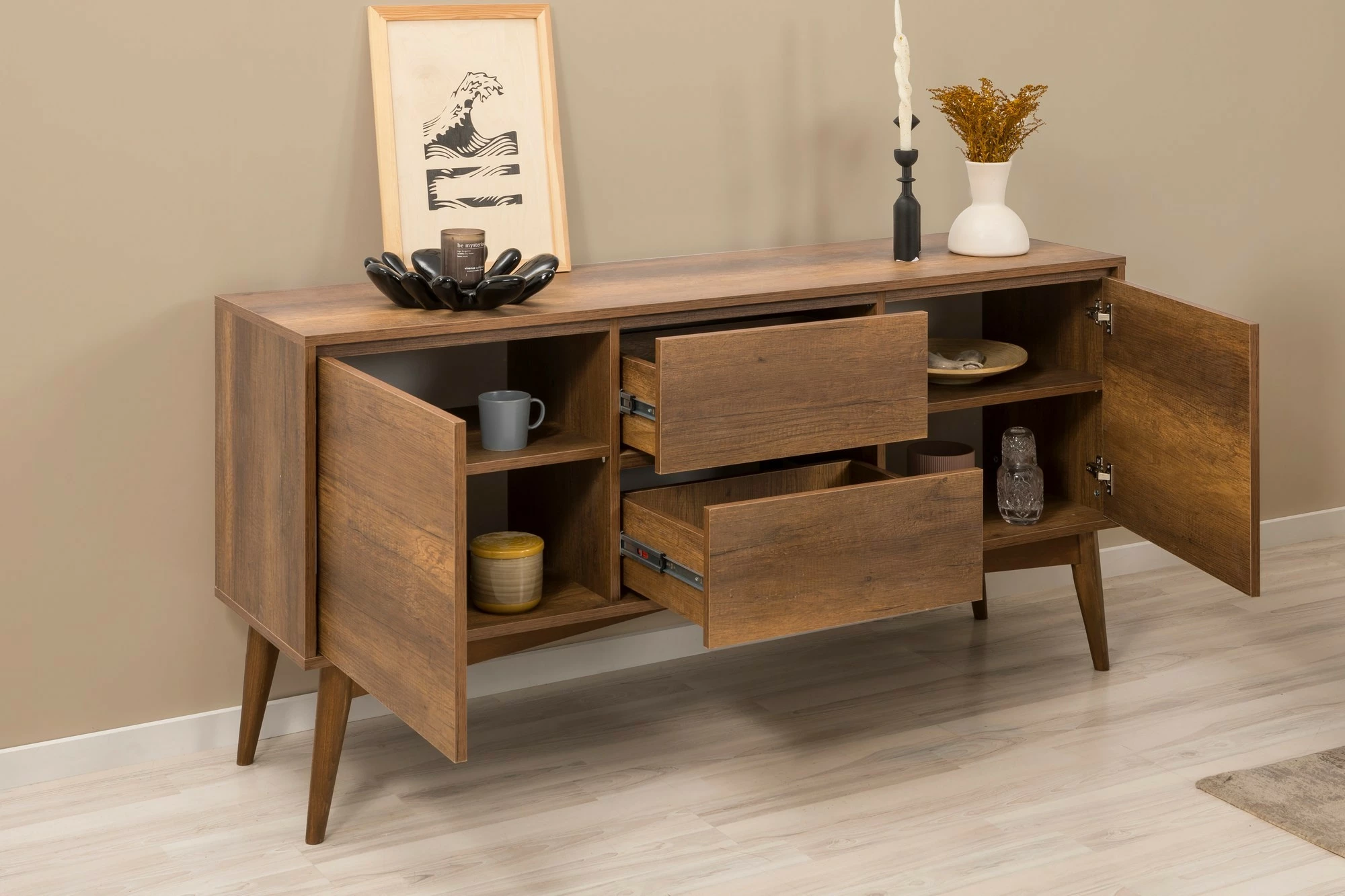 Set tavolinë me karrige dhe konsol, zgjatues, 7 pjesë, Skye Decor, Vina 03 0701, ngjyrë arre, gri