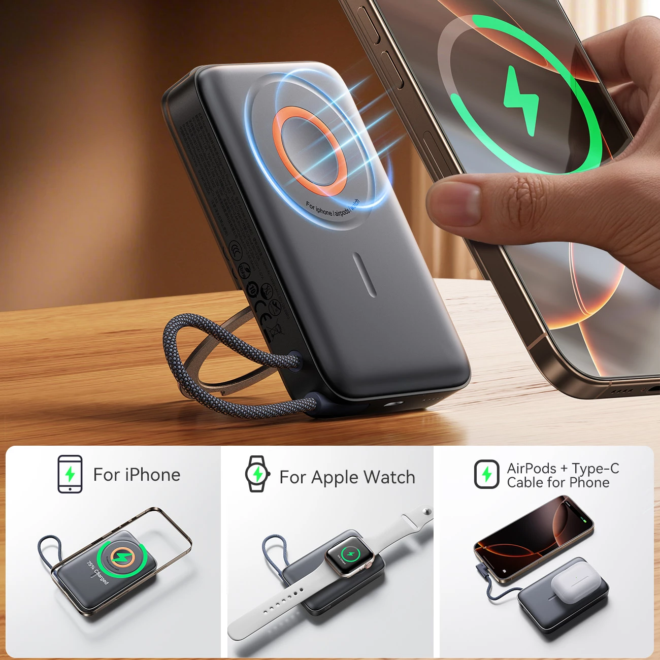 Powerbank Joyroom JR-PBM02 10000mAh, 22.5W, 3-në-1, MagSafe, me kabllo të integruar, e zezë