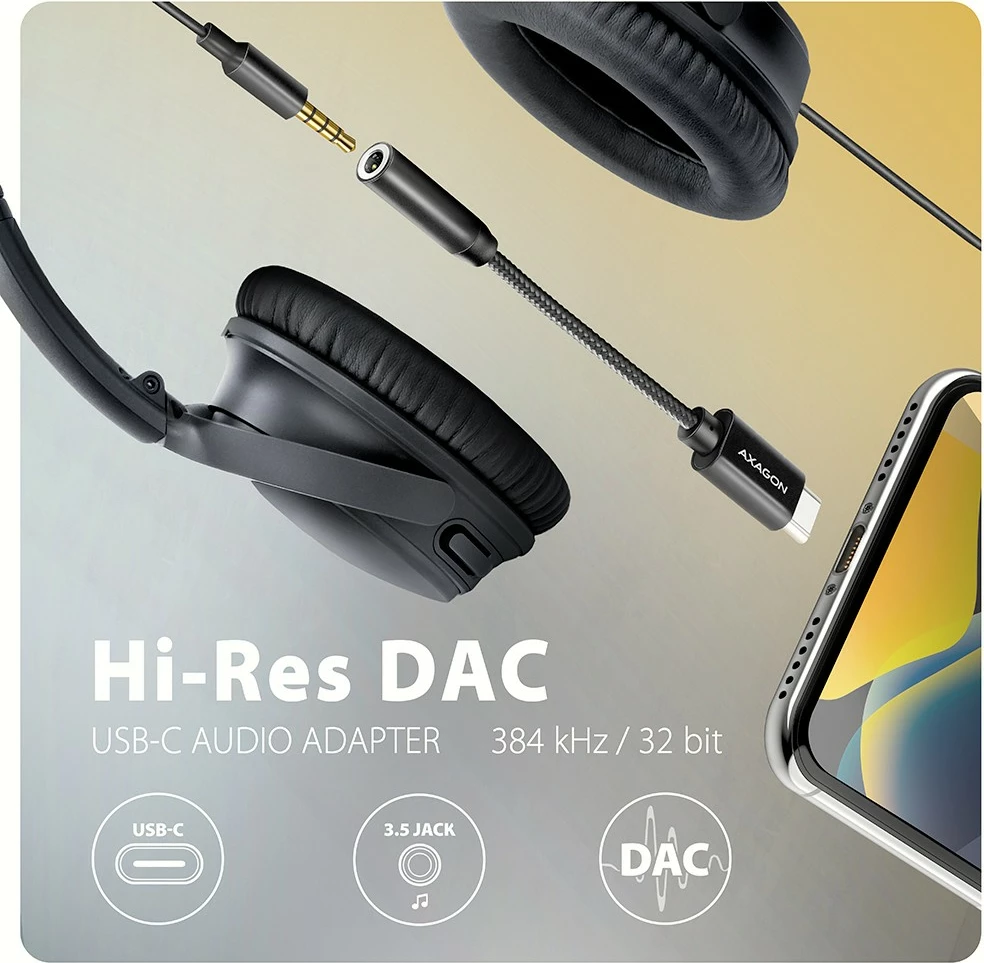 Kartë zanore e jashtme AXAGON ADA-HC, USB-C në 3.5mm, DAC 32-bit, 384kHz, E zezë