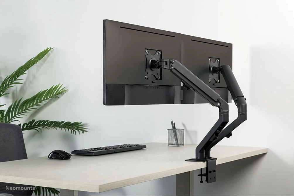 Krah monitori Neomounts FPMA-D650DBLACK, për 2 monitorë, 17-27 inç, rregullim lartësie me gas spring, ngjyrë e zezë