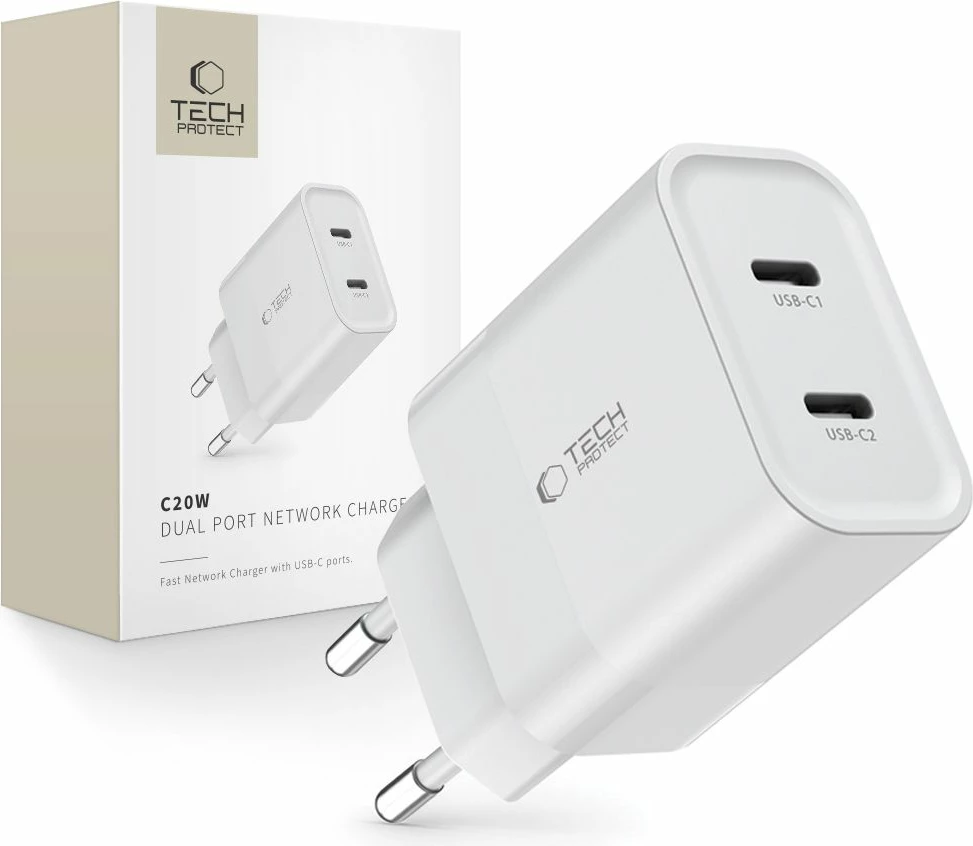 Karikues rrjeti Tech-Protect C20W me 2 porta USB-C, 20W, i bardhë