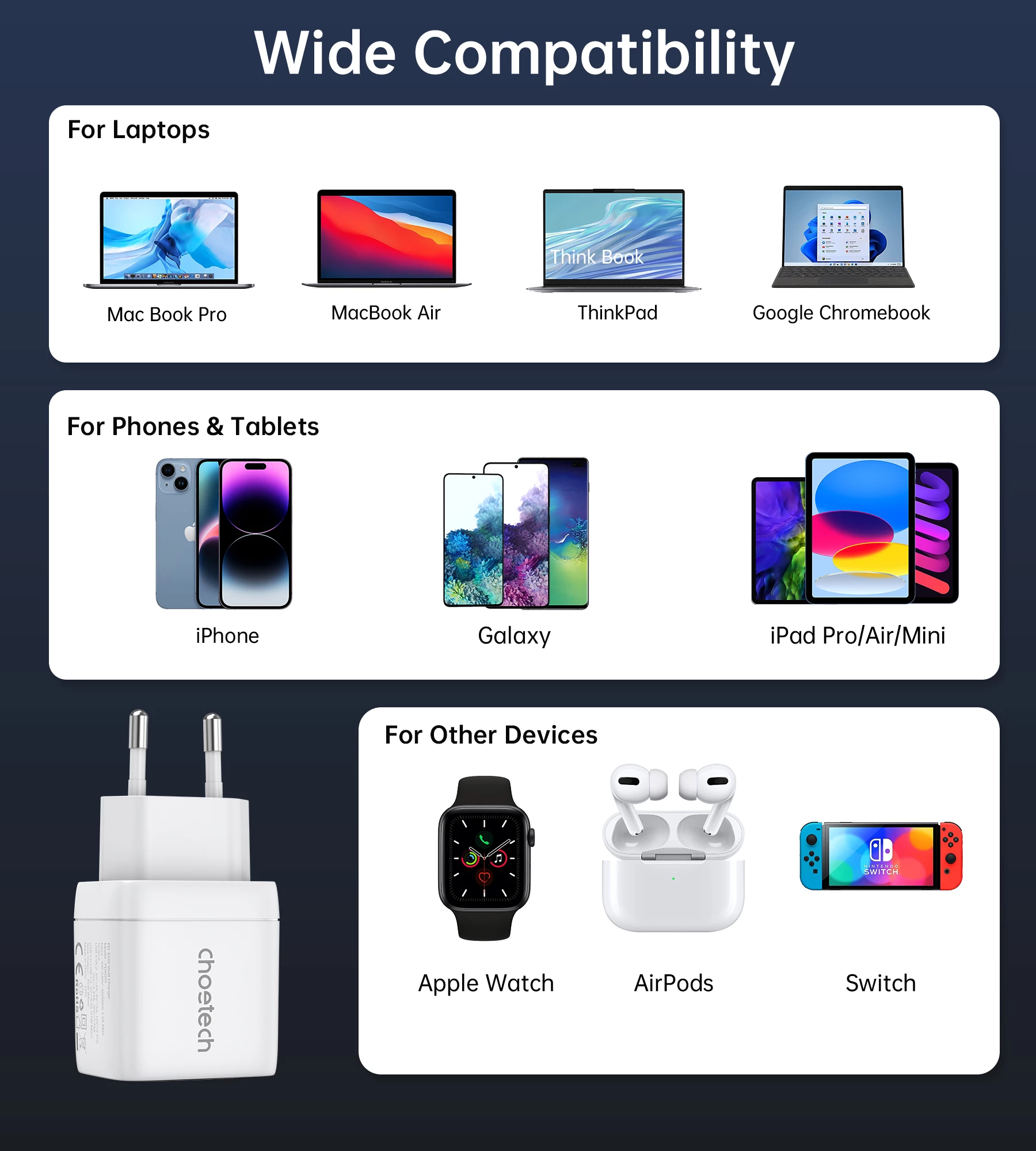 Karikues muri Choetech PD6051, 2x USB-C PD, 35W, me ekran, i bardhë