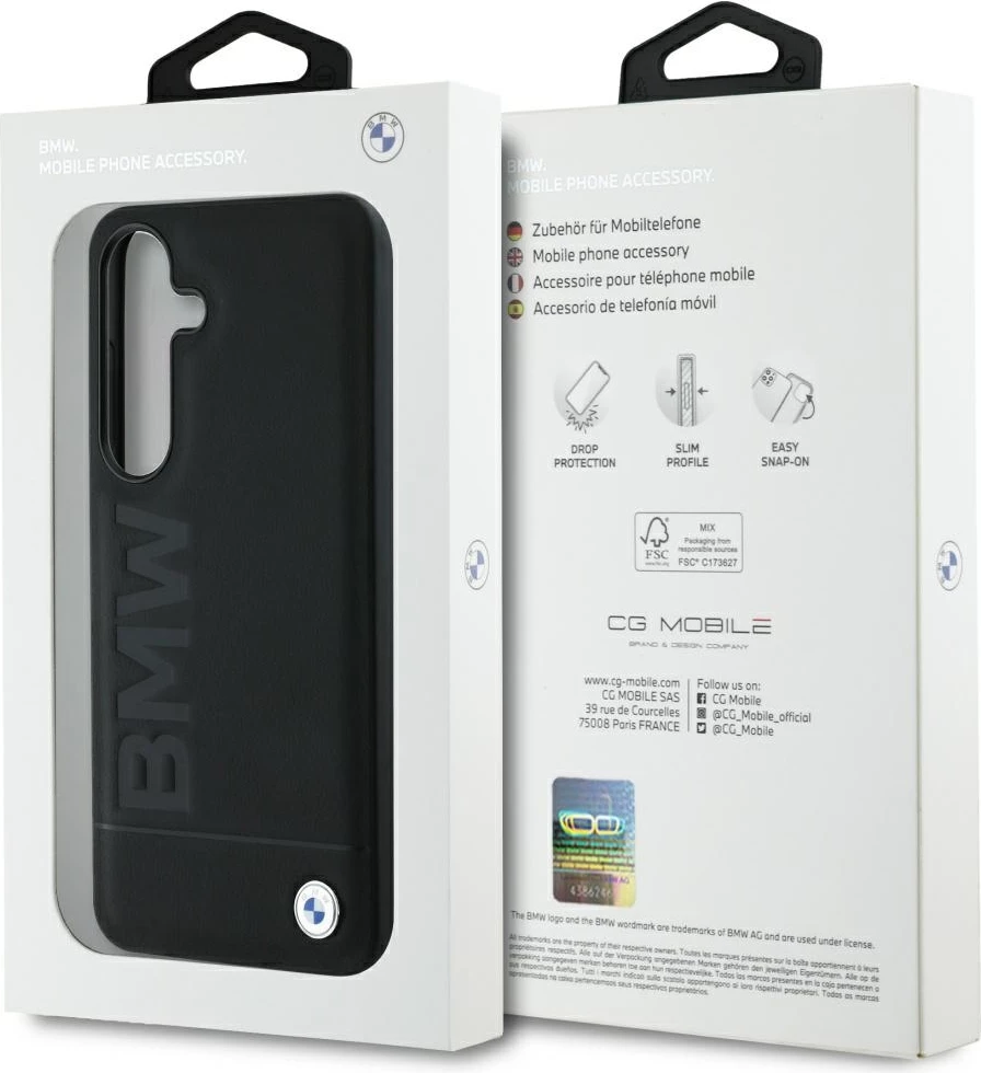 Mbështjellës BMW Leather Big Wordmark për Samsung Galaxy S25, i zi