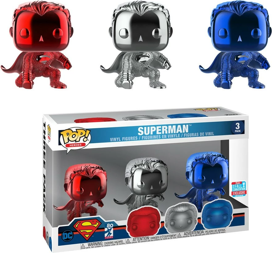 Figurinë koleksionuese Funko POP Movies Justice League 3PK Superman (Landing) Chrome Convention 2018, set 3 copë, kuqe/argjendtë/blu
