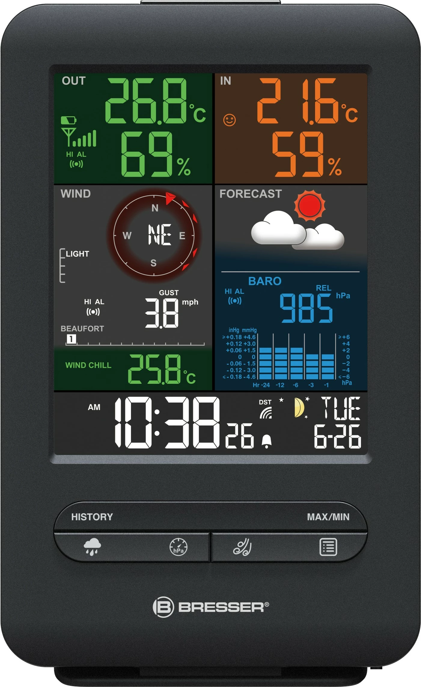 Stacion moti Bresser Wetter Center 5-in-1 Beaufort, digjital, me ekran ngjyrë