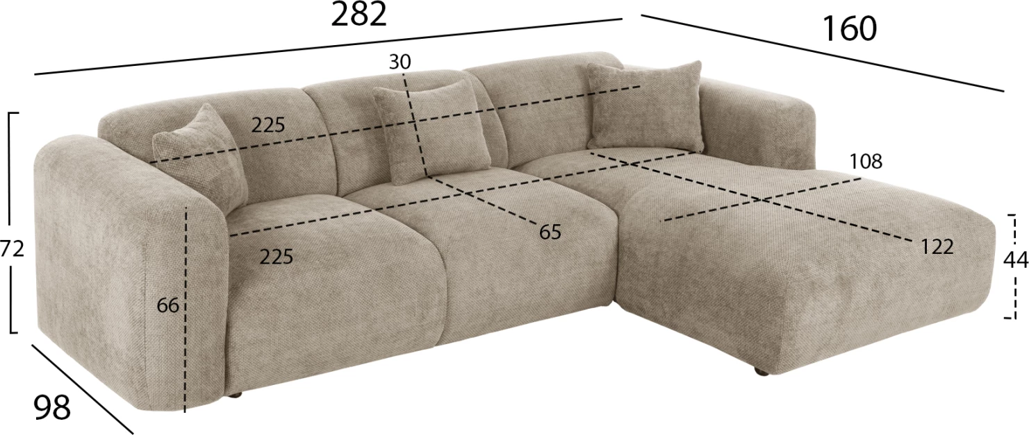 Divan qoshe BRICKEN FH3275.01R, pëlhurë bezhë, 110-282x98-160x72H cm