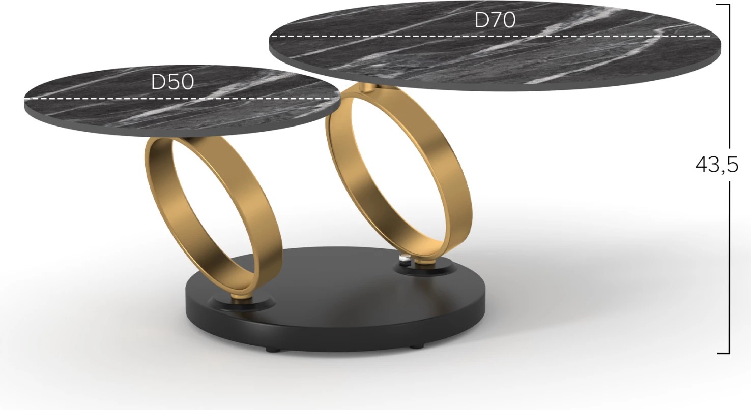 Tavolinë kafeje rrethore me mekanizëm rrotullues, sipërfaqe qeramike, bazë metalike, AILLERON CD18096, 77(50)x44cm