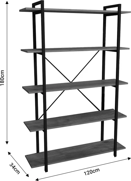 Raft librash Reson, melaminë ngjyrë lisi-metal i zi, 120x34x180cm