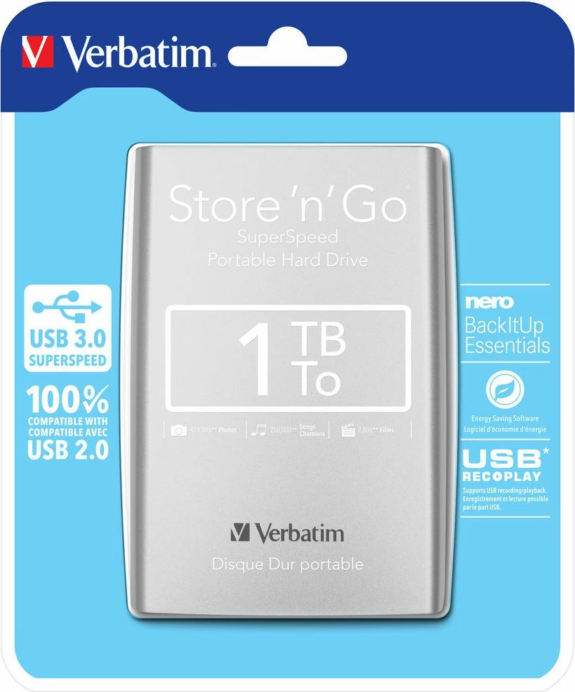 Hard disk i jashtëm Verbatim Store 'n' Go 1TB USB 3.0 2.5" 53071, argjendtë