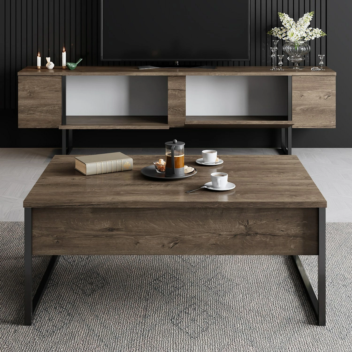 Komodë televizori Hanah Home, Luxe, ngjyrë arre dhe e zezë