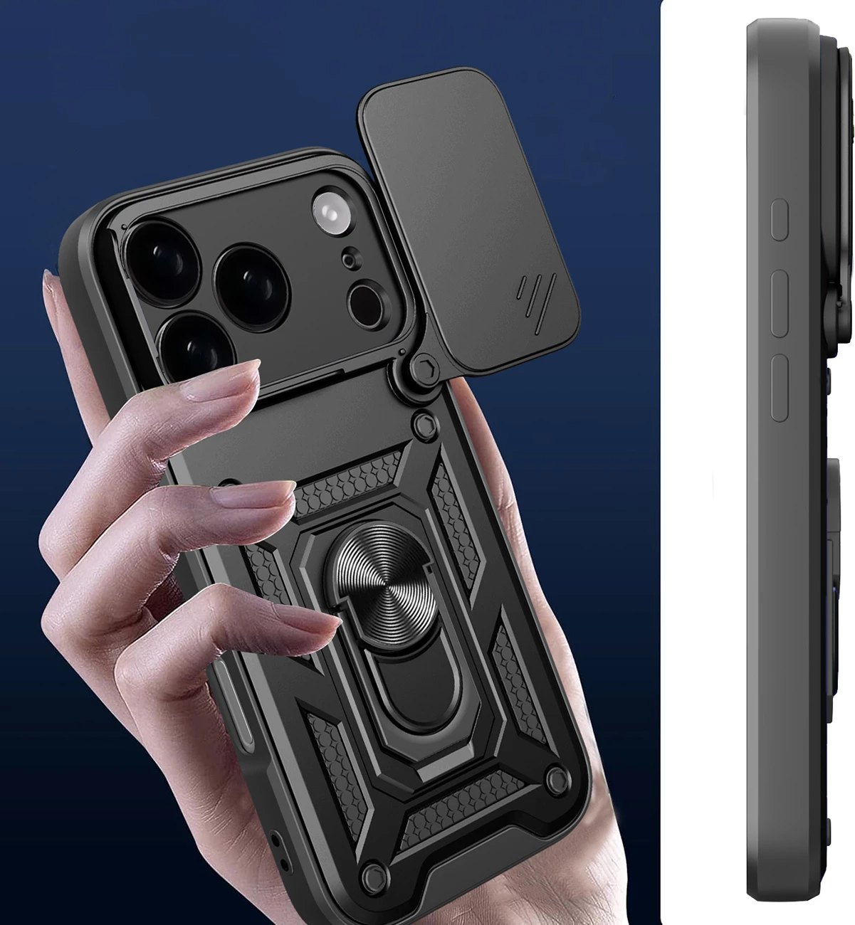 Mbështjellës Hurtel Hybrid Armor Camshield për iPhone 17 Pro Max, me mbajtëse dhe mbulesë kamere, i zi