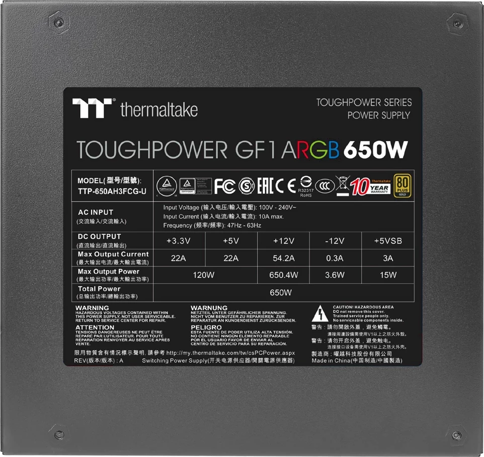 Kasë Thermaltake Toughpower GF1 Gold ARGB 650W, modular, 80 PLUS Gold, me dritë ARGB