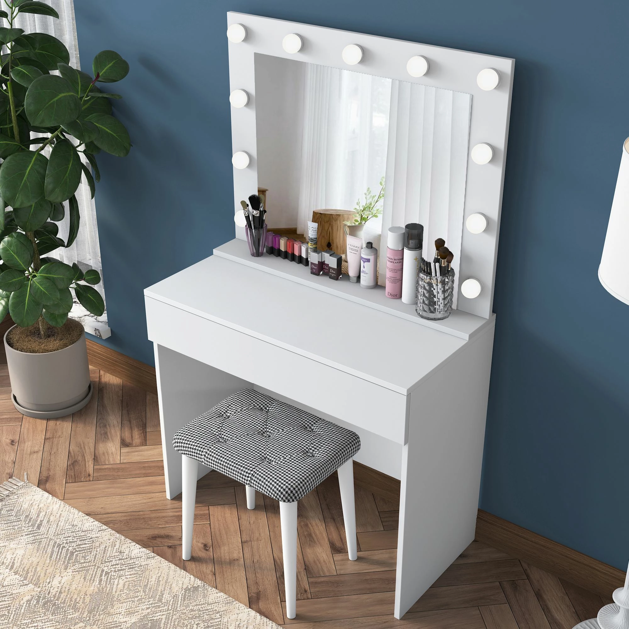 Tavolinë grimi Hanah Home, BJ121 - 2934, e bardhë, me pasqyrë dhe puf