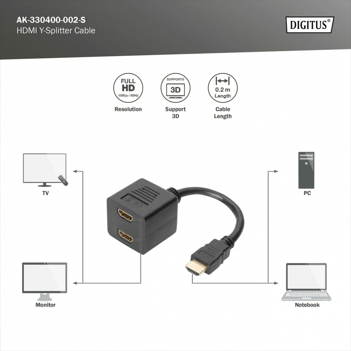 Splitter HDMI Digitus AK-330400-002-S, 0.2m, i zi