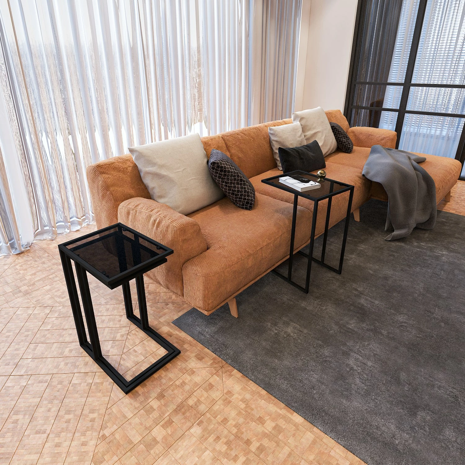 Set tavolinash të ndërlidhura (3 copë), Hanah Home, İbiza, xham i tymosur, e zezë