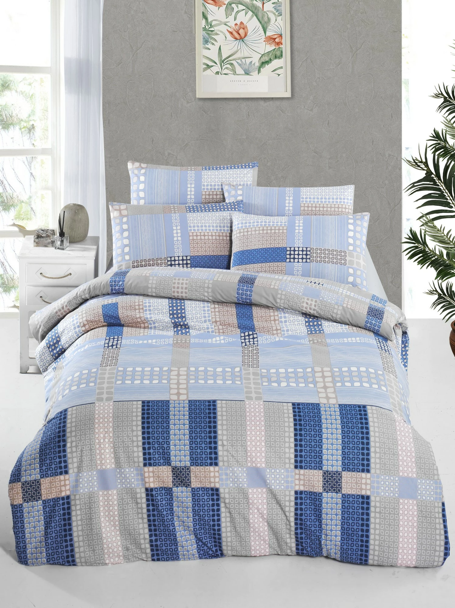 Set mbulesë jorgani Ranforce Single XL, L'essentiel, Orina, ngjyrë kaltër, kaltër e errët, bezhë, kafe