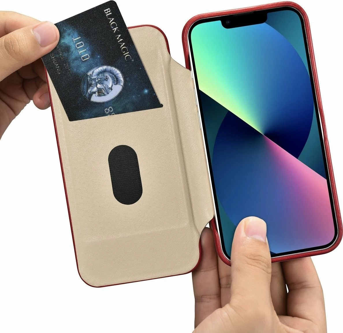 Mbështjellës iCarer CE Oil Wax Premium Leather Folio AKI14220707-RD për iPhone 14 Plus, lëkurë natyrale, me flapa magnetike, MagSafe, kuqe