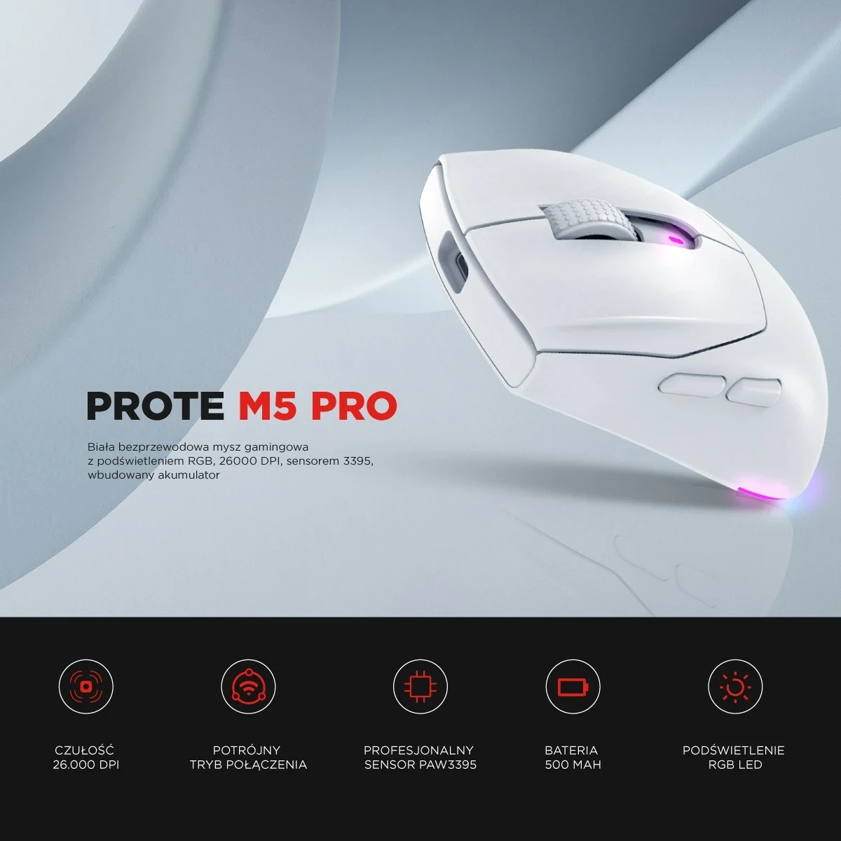 Maus Rampage Prote M5 Pro 26000 DPI RGB LED i bardhë