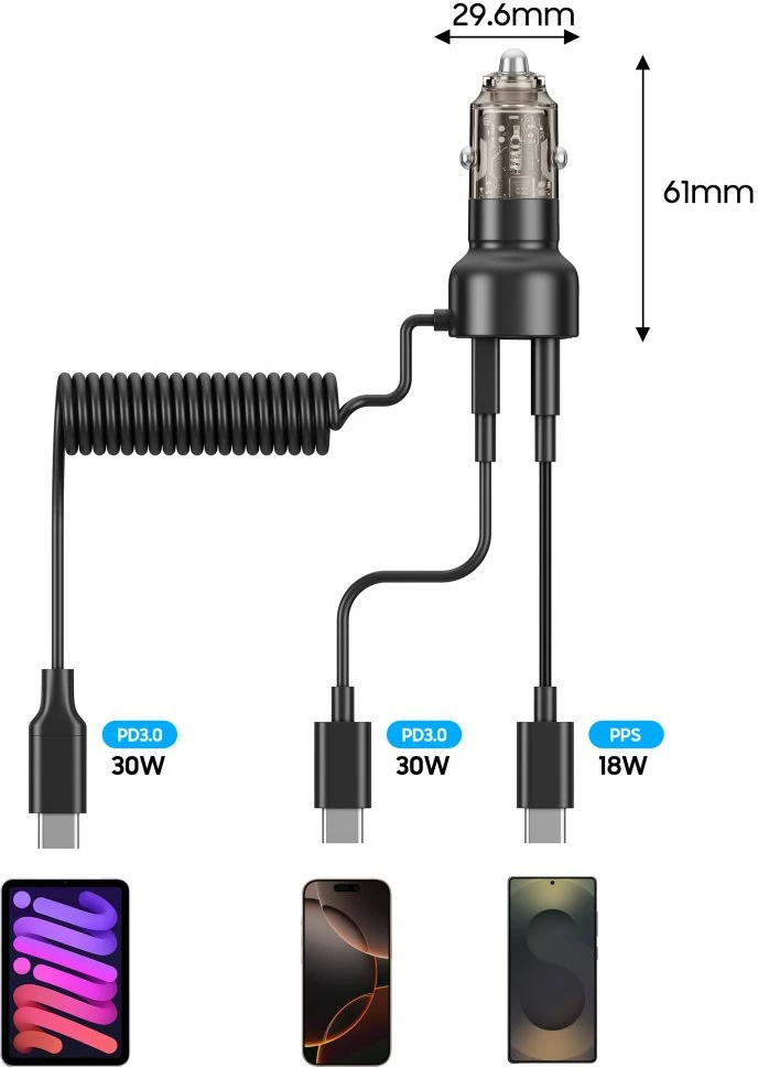 Karikues veture Tech-Protect CC05, 2 porta, 60W, me kabllo USB-C, Zi