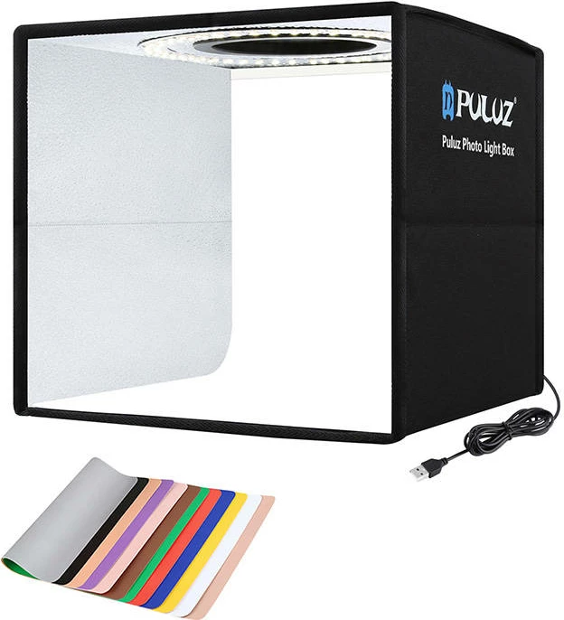 Mini studio fotografik Puluz PU5025B me ndriçim LED, 25cm, 96 LED, 12 sfonda, e zezë