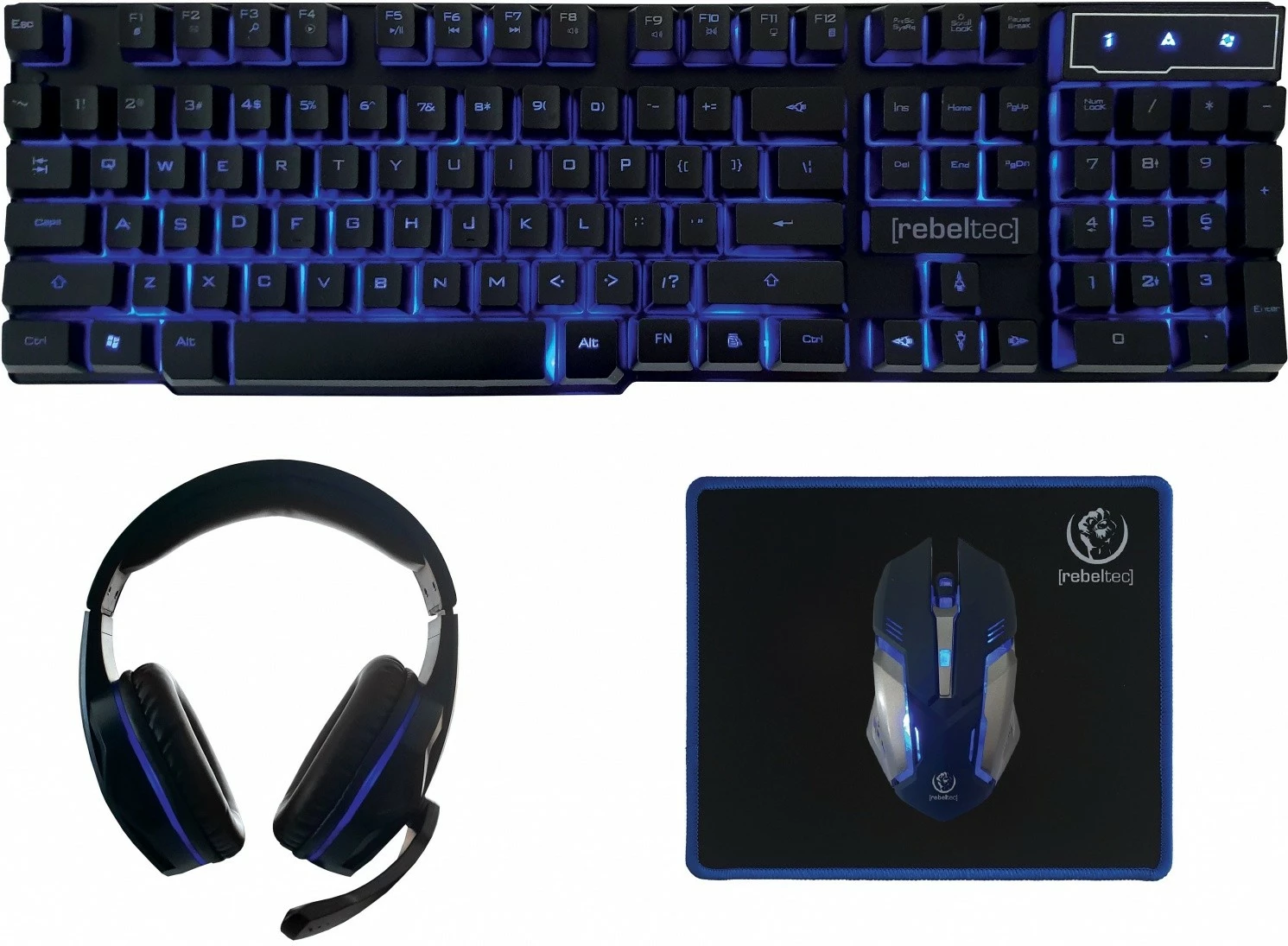Set gaming Rebeltec Sherman, tastierë me ndriçim, maus optik, mauspad, kufje me mikrofon, zi/blu