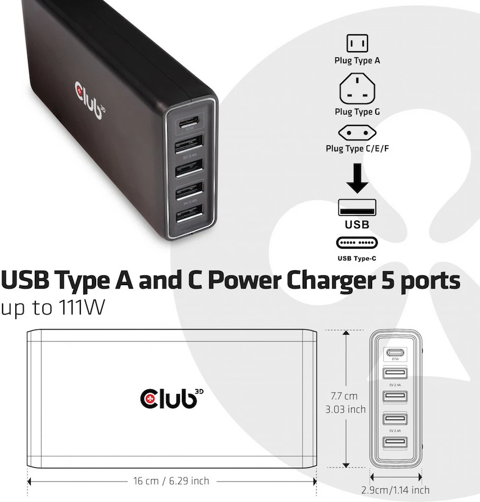 Karikues i shpejtë Club3D, 1x USB Type-C, 4x USB Type-A, 111W, i zi