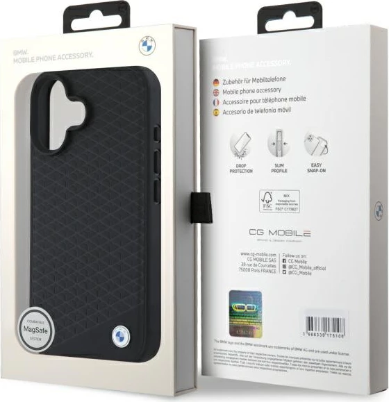 Mbështjellës BMW Sign Leather Diamond Metal Logo MagSafe për iPhone 16, i zi