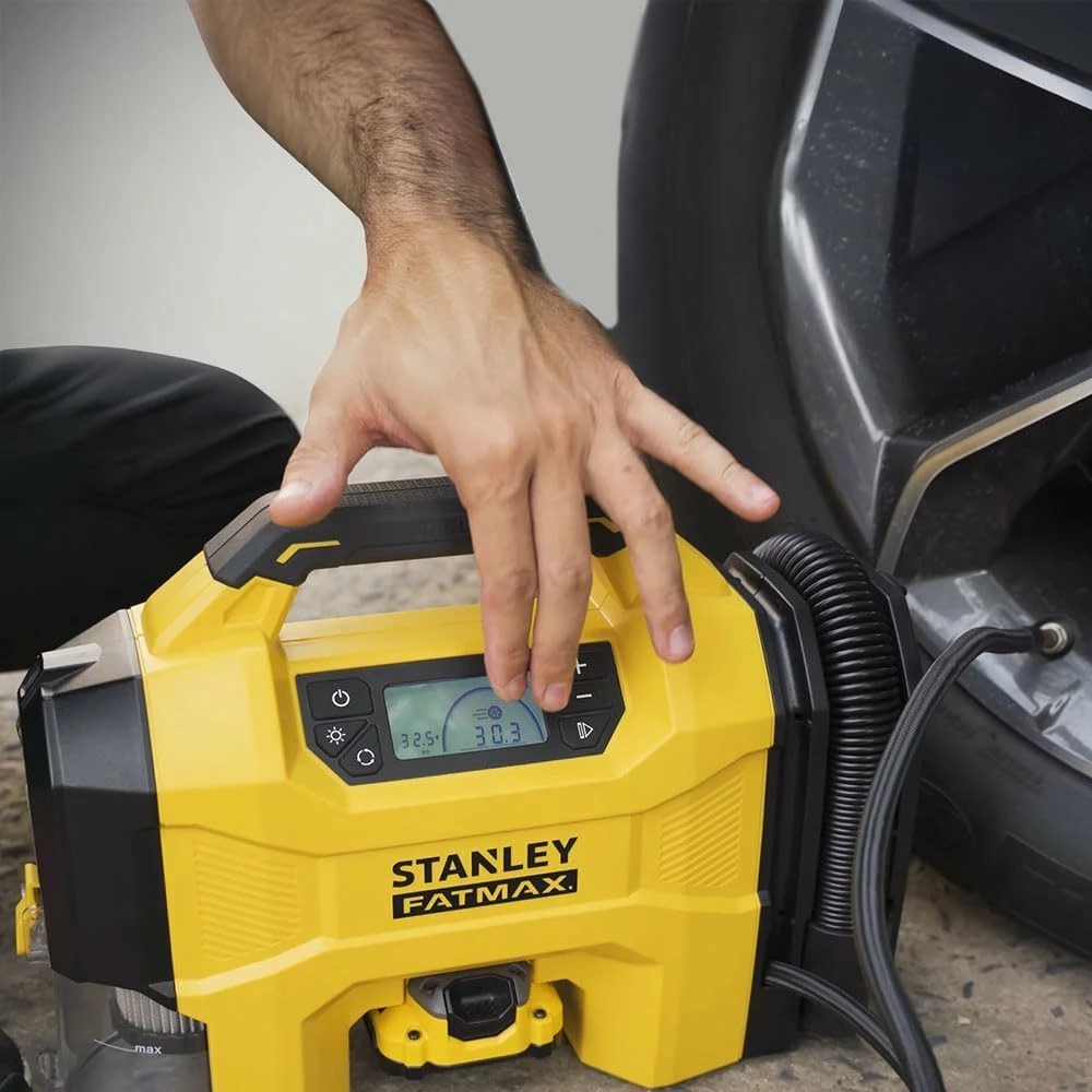 Kompresor/Inflator 3-n-1 Stanley SXVI02001-A, 12V/18V, 1-10 bar, bateri Li-ion 2Ah + karikues, e verdhë/zezë