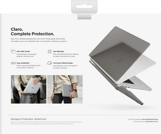 Mbështjellës laptopi UNIQ Claro për MacBook Air 13 (2022 M2), polikarbonat ultra i hollë, 2-pjesësh, gri