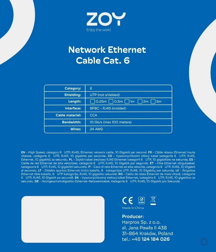 Kabllo rrjeti Ethernet ZOY ZCR05G Cat 6 UTP CCA 0.5m RJ45-RJ45, gri