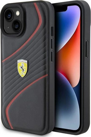 Mbështjellës Ferrari FEHCP15SPTWK për iPhone 15 6.1", Twist Metal Logo, i zi