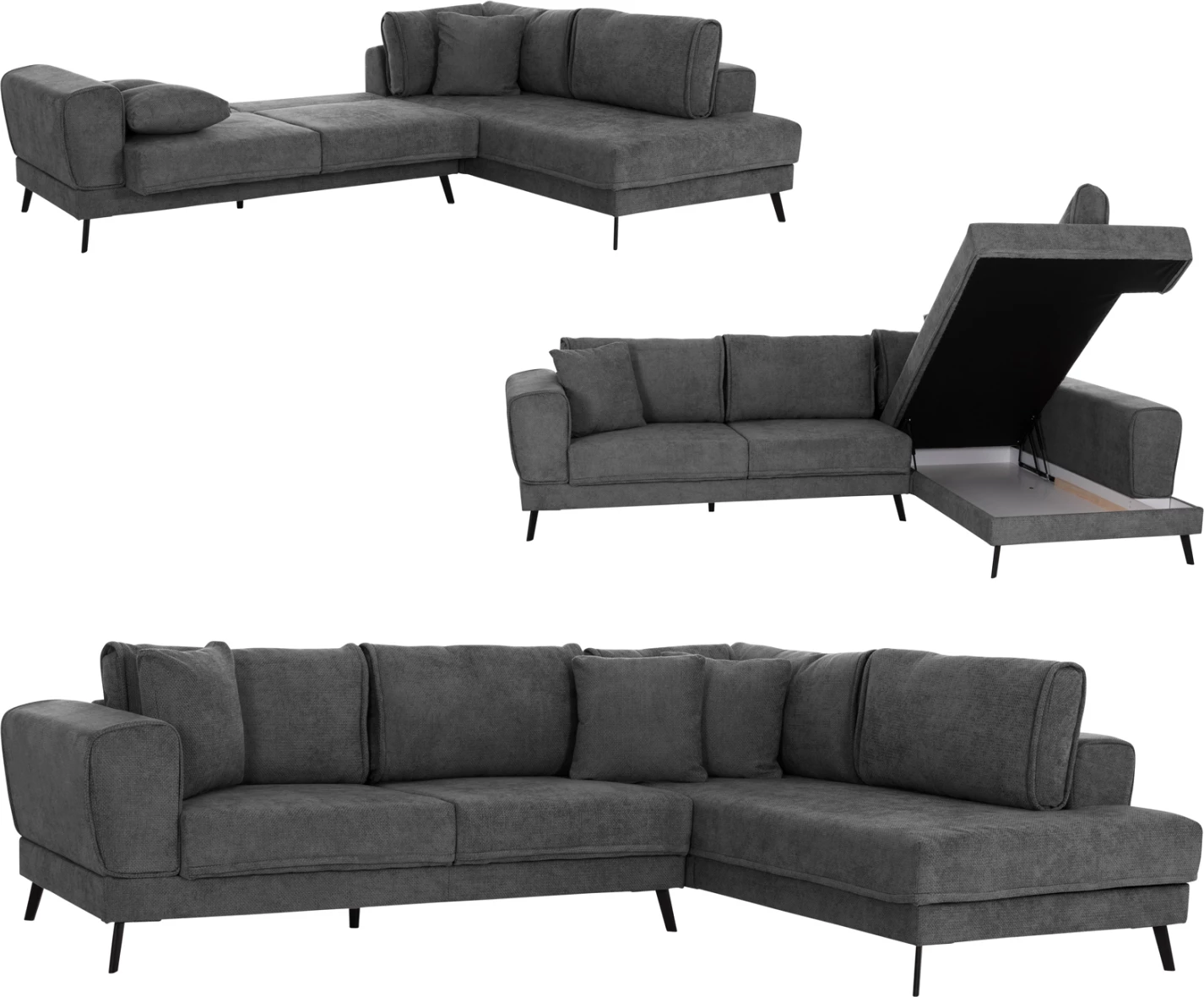 Këndare me shtrat, Zenora, kënd i djathtë, material stof ngjyrë gri e errët, FH3337.01R, 303x214x80cm