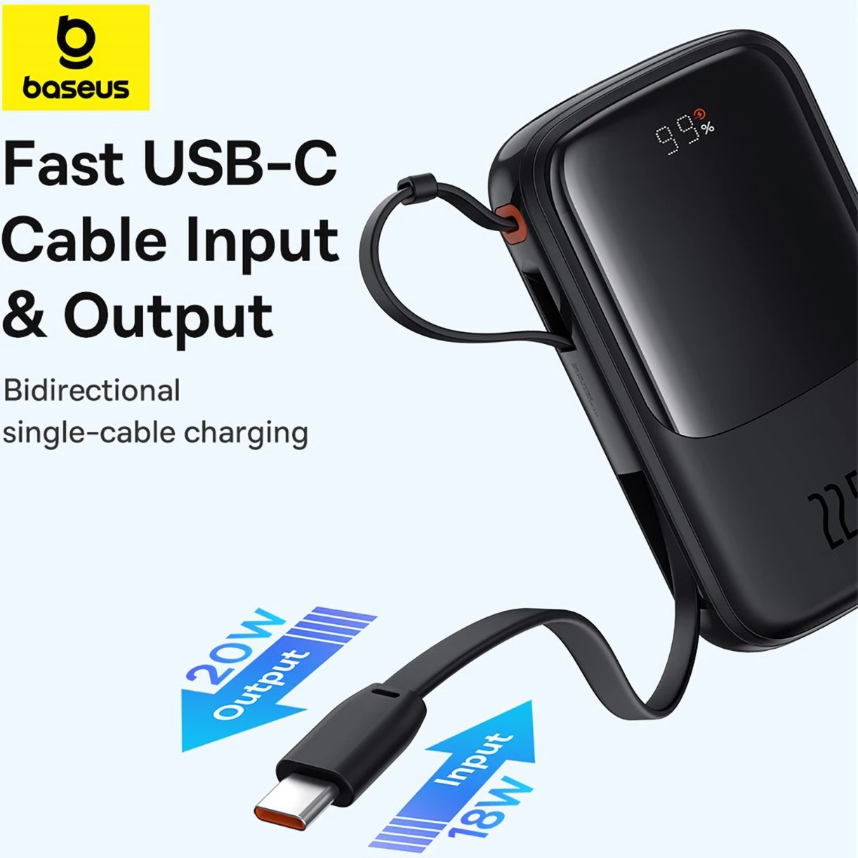 Powerbank Baseus QPow Pro+ 10000mAh, 22.5W, me kabllo USB-C të integruar dhe ekran, e zezë