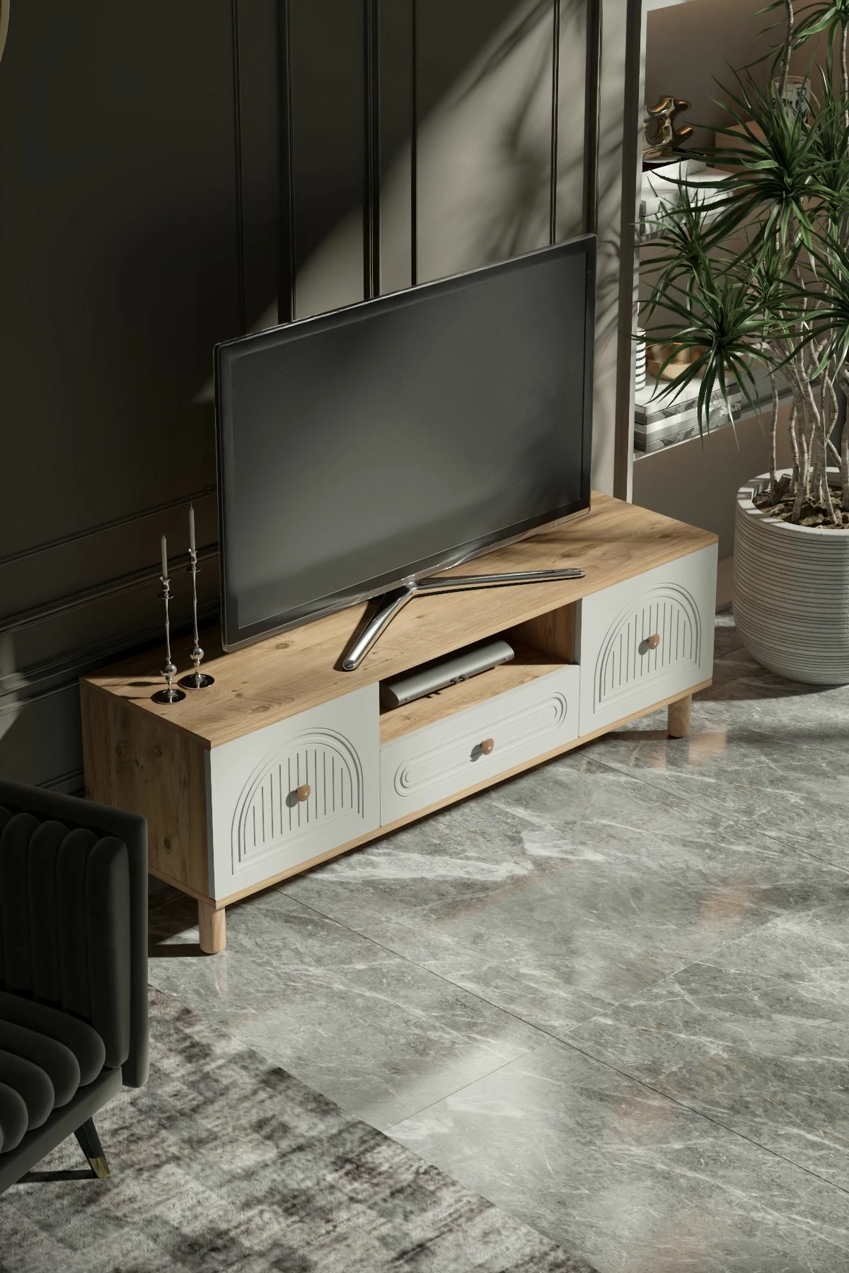 Komodë për TV Skye Decor, Arcera 180, ngjyrë Atlantic Pine dhe e bardhë