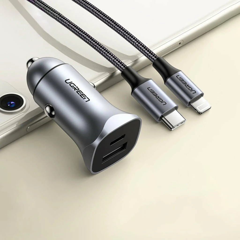 Karikues veture Ugreen CD130 18W 1x USB-A + 1x USB-C 3.4A 12/24V Quick Charge, gri (UGR1206GRY)