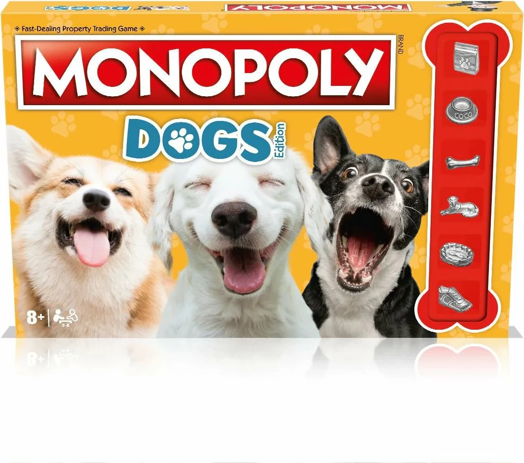 Lojë tavoline Winning Moves Monopoly Dogs Edition, 2-6 lojtarë, 8+, anglisht, me 6 figura metalike