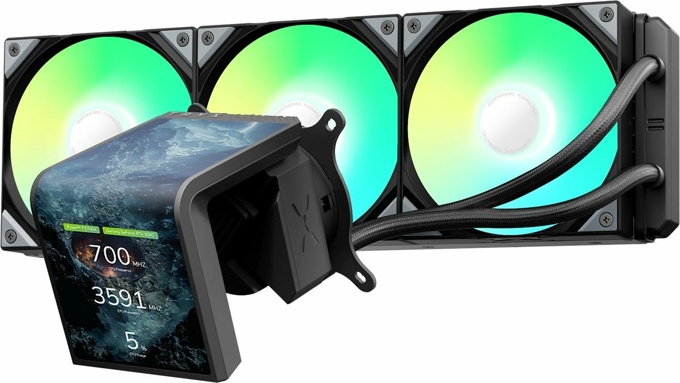 Ftohës uji AiO TRYX Panorama SE ARGB 360 (L-P360L-AM3M-G0K), radiator 360mm, 3x120mm PWM, ekran 3D AMOLED 2K, e zezë