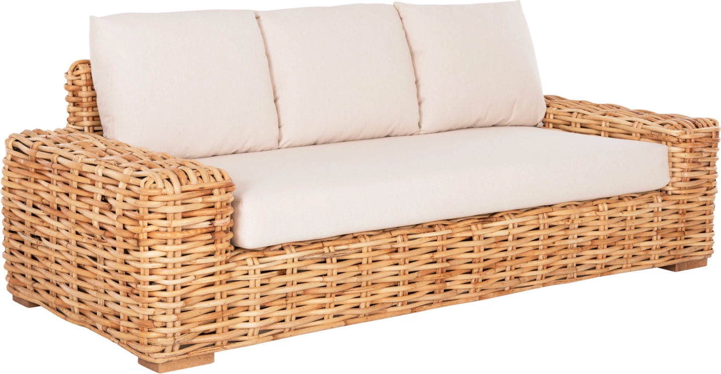 Divan për jashtë, 3 ulëse, dru mango-ratan, ngjyrë natyrale, jastëkë të bardhë, 216x88x70-85H cm