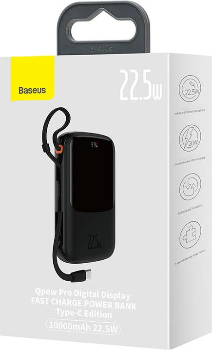 Powerbank Baseus Qpow Pro 10000mAh, 22.5W, me kabllo USB-C, e zezë