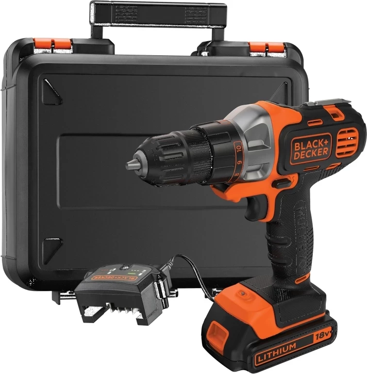 Trapan-vidhosës me bateri Black&Decker Multievo MT218K 18V 1.5Ah Li-Ion, set me 1 bateri + karikues + valixhe, zi/portokalli