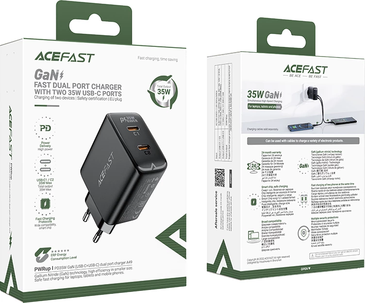 Karikues i shpejtë Acefast A49, 35W, 2x USB-C, i zi