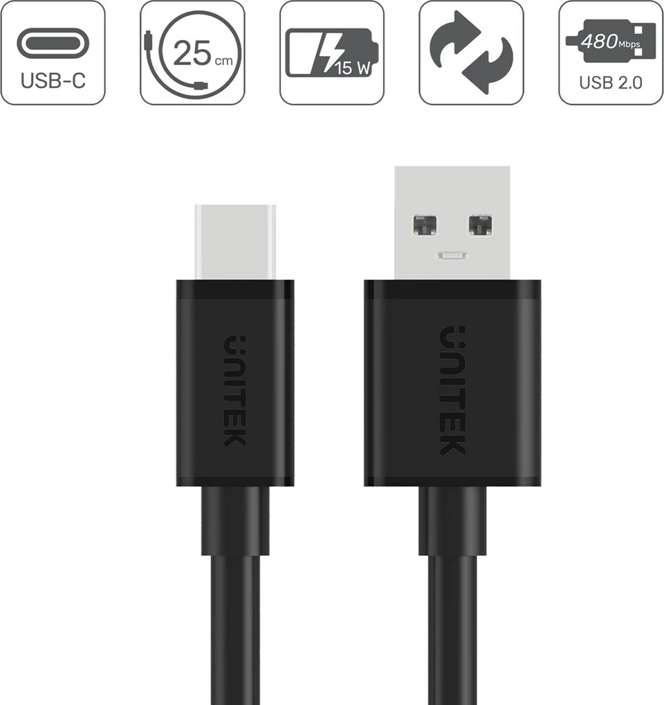 Kabllo Unitek USB-A - USB-C, 25cm