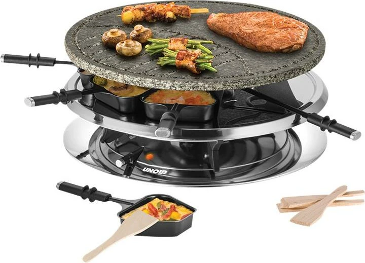 Grill raclette/fondue UNOLD Raclette Multi 4-in-1 48726, 8 persona, pllakë guri + pllakë grill, tenxhere fondue 500–700 ml, e zezë