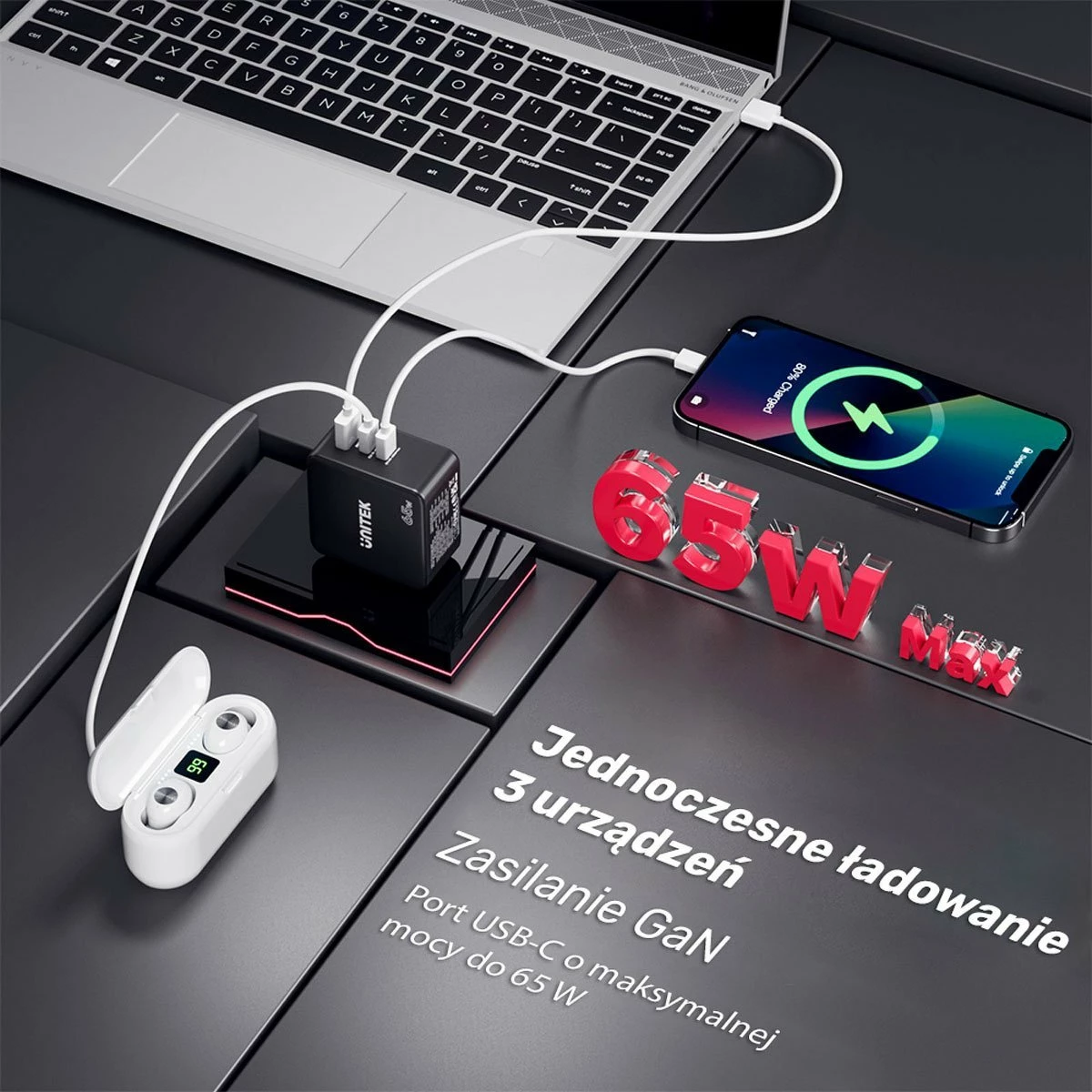 Karikues rrjeti Unitek P1117B GaN PD 65W 1x USB-A + 2x USB-C, 3.25A, i zi, set me adaptera EU/UK