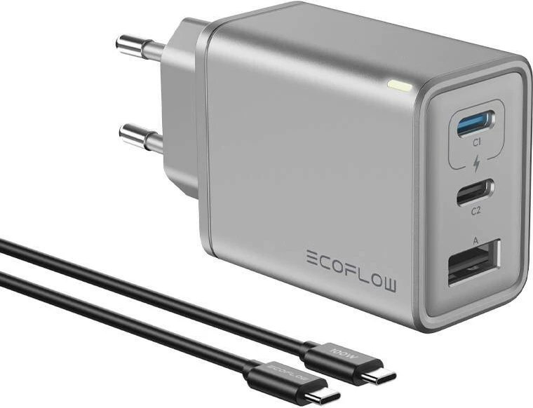 Karikues rrjeti EcoFlow RAPID 65W GaN, 2x USB-C, 1x USB-A, argjendtë-e zezë, me kabllo 1m