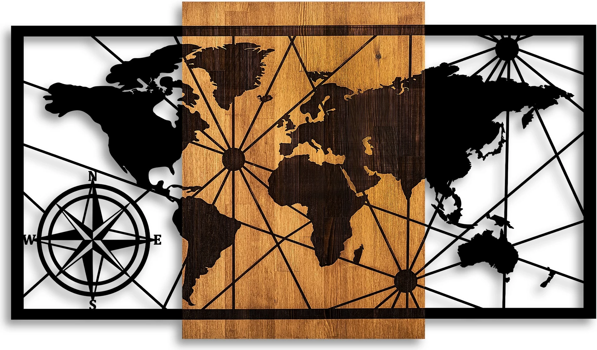 Aksesor dekorativ muri prej druri, hartë bote, Wallity, ngjyrë arre dhe e zezë, 70x120cm