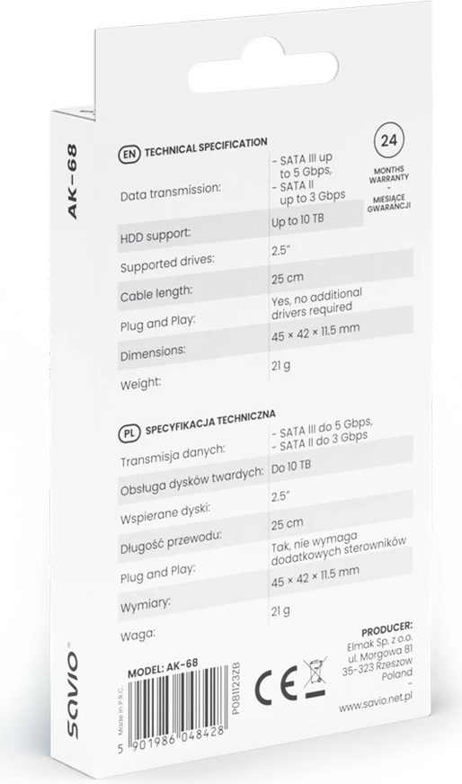 Adapter Savio AK-68, USB-A 3.1 Gen 1 në SATA për disqe 2.5 inç, i zi