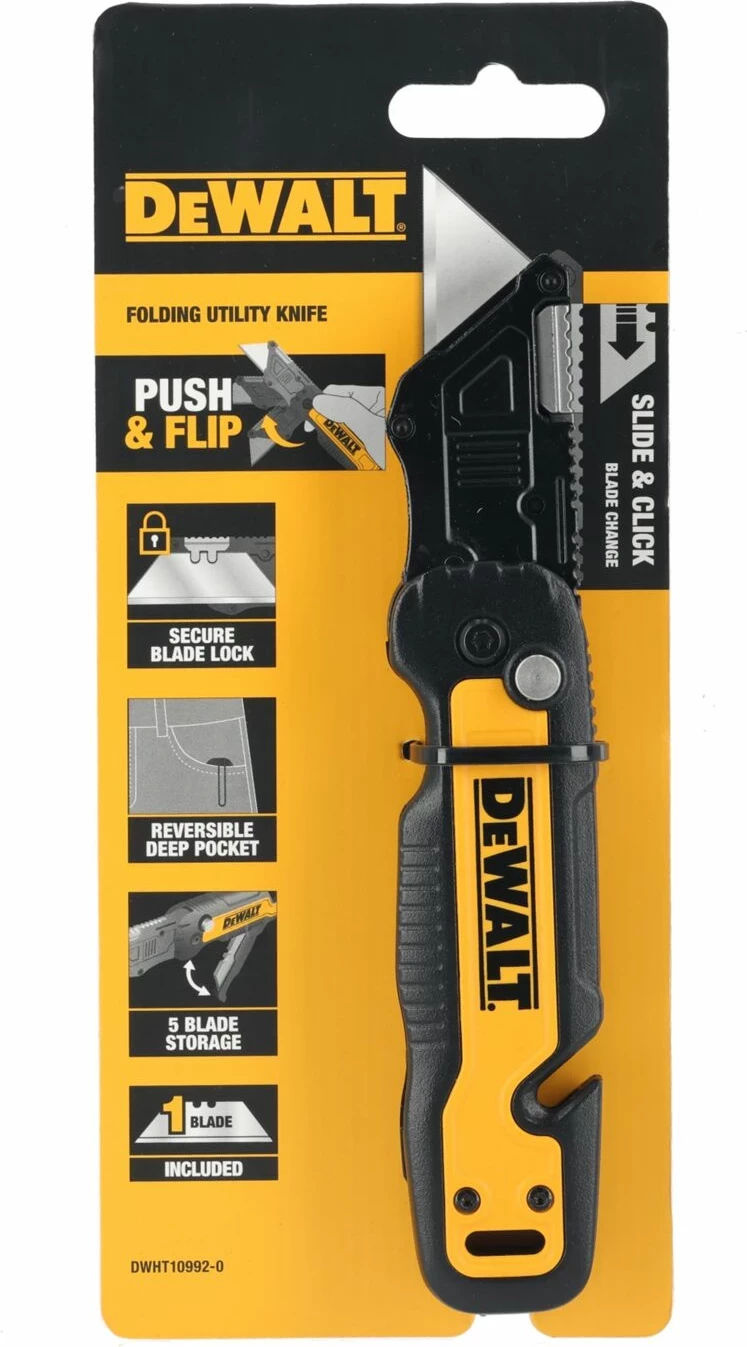 Thikë utility e palosshme Dewalt DWHT10992-0 Push & Flip, depo 5 tehe, 31 mm, e zezë/verdhë, 1 teh i përfshirë