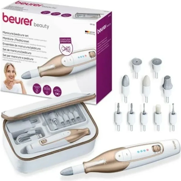 Set manikyr/pedikyr, Beurer MP64, pa kabllo, 3 shpejtësi, 10 koka, LED, bateri deri 120 min, Gold/White