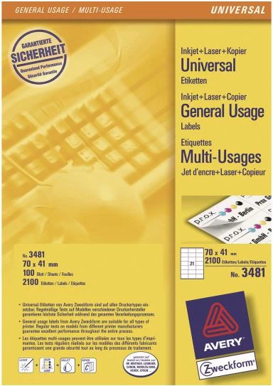 Etiketa vetëngjitëse, Avery Zweckform 3481, 70 x 41 mm, A4, 100 fletë, 2100 etiketa, e bardhë